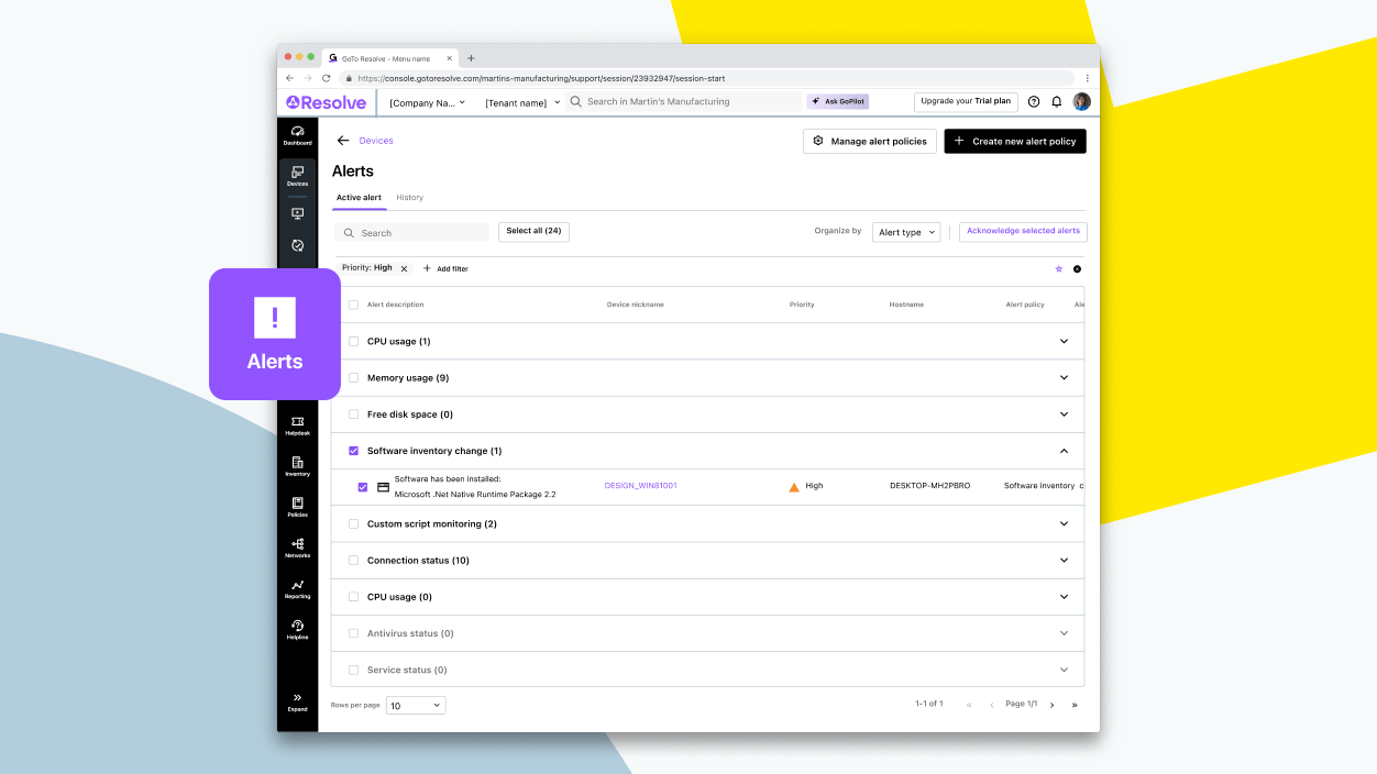 Resolve Active Alert dashboard with customizable alert settings for workstations and servers.