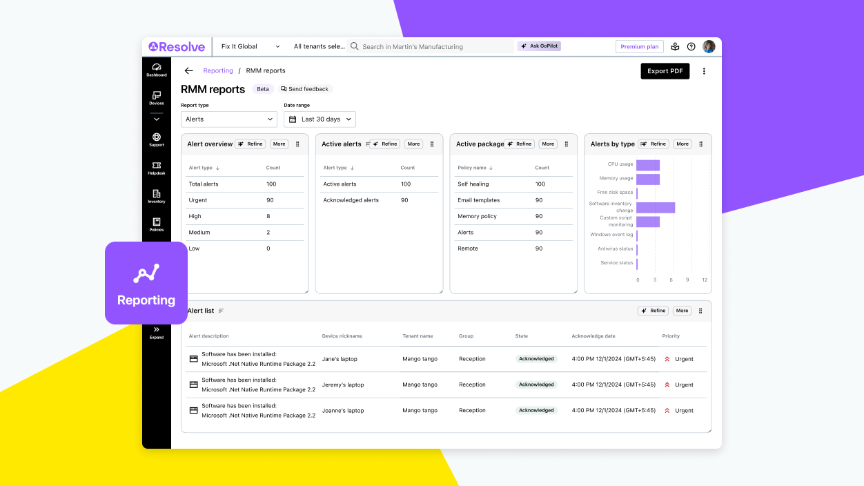 Showing Resolve RMM reporting dashboard with executive summaries and device inventory insights.