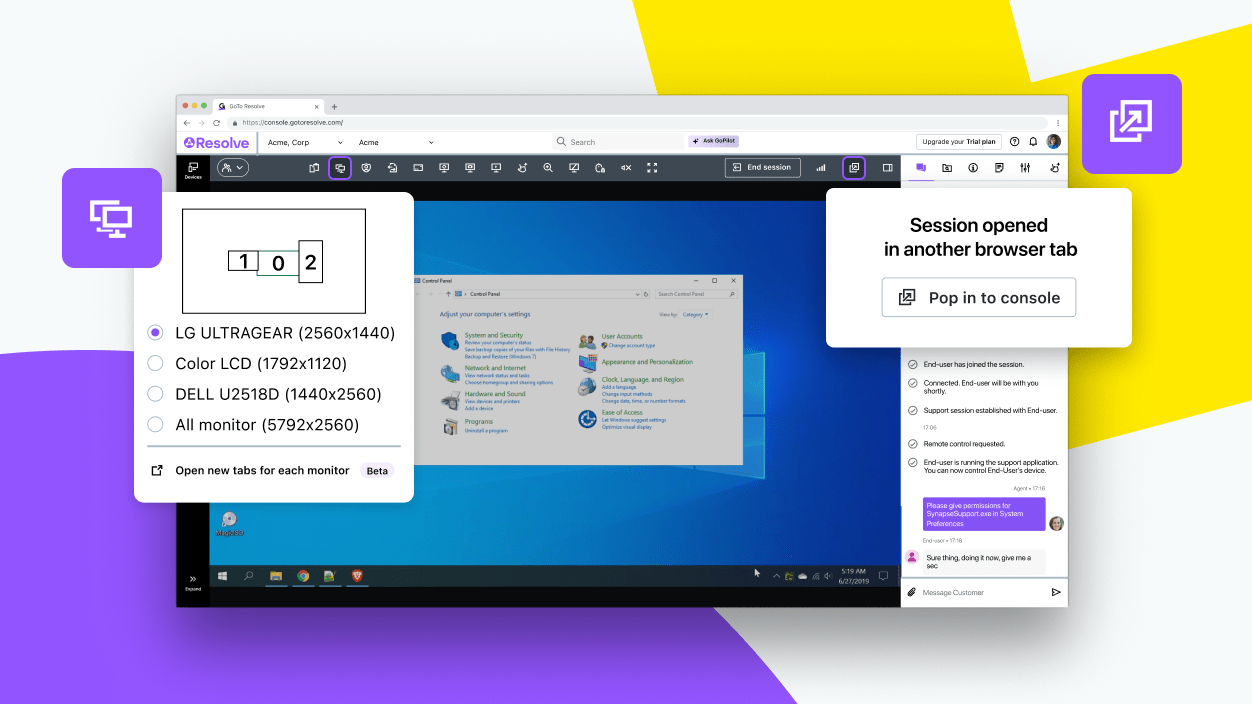 Showing Resolve remote support session screen with enhanced features, including multi-monitor setups and assigning each session to a different browser tab.