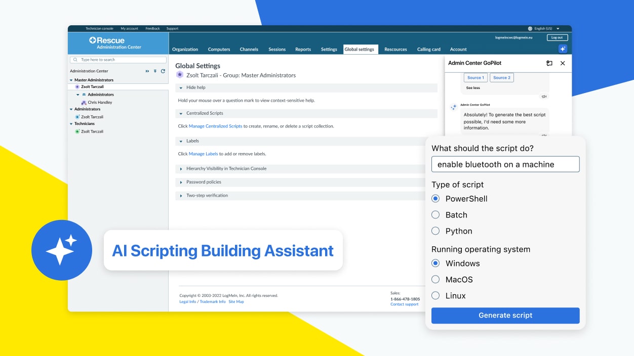 Resolve Administration Center interface with a pop up AI Scripting Assistant generate a draft script for you in seconds.