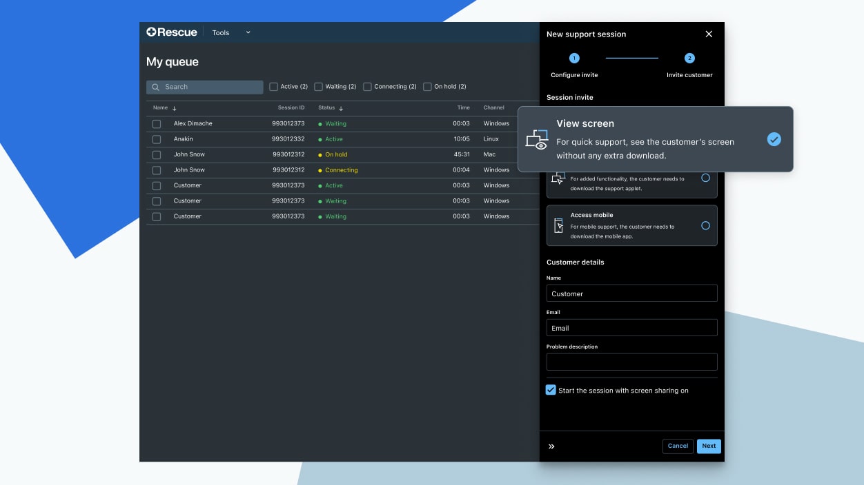 Showing the Rescue remote support screen for starting sessions in two clicks without downloads.