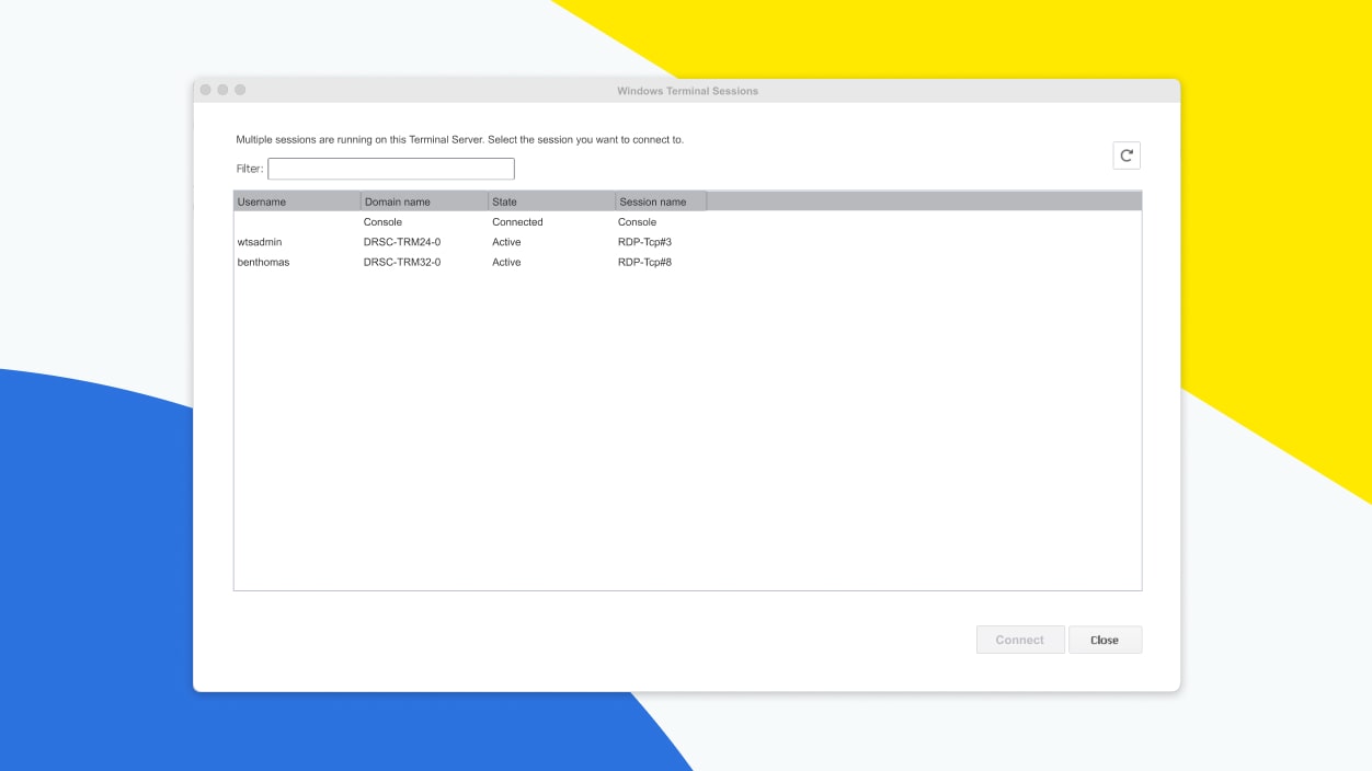 A screen from Rescue terminal server and VM, a list view for selecting users.