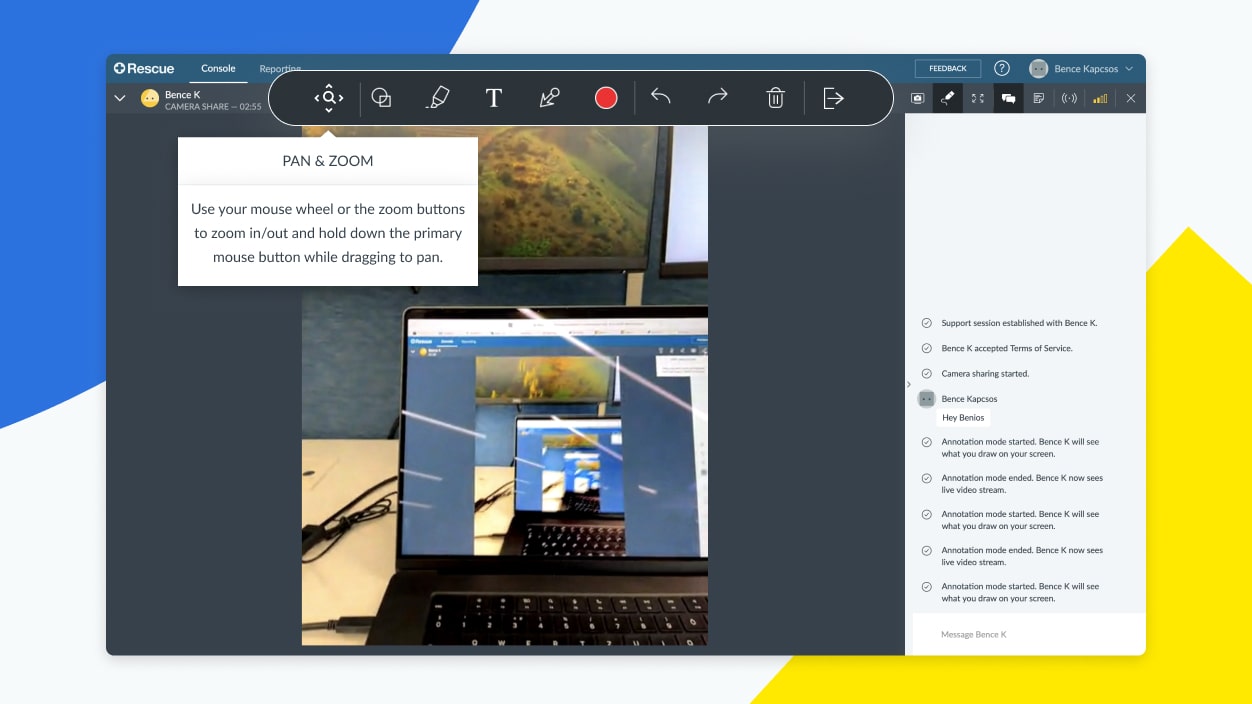 Showing Rescue remote session screen with camera controls and intuitive pan and zoom features for detailed support.