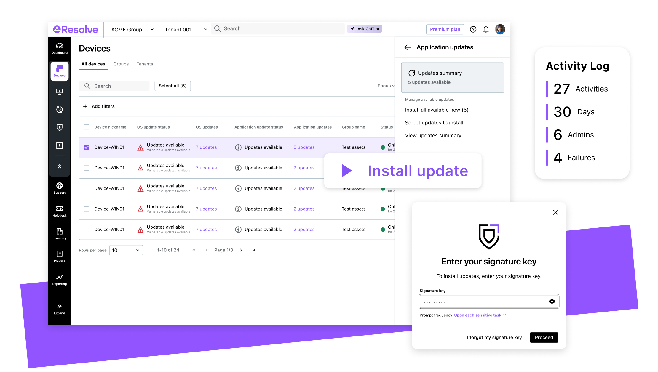 Screenshot of devices dashboard showing alerts for devices ready for updates, an "Install update" button, activity log summary, and a signature key authorization form.