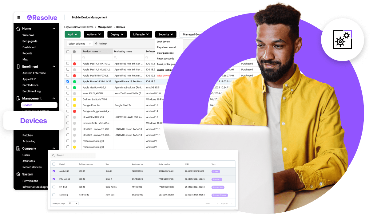 LogMeIn Resolve MDM interface displaying device management and security options to protect business data, unified endpoint management