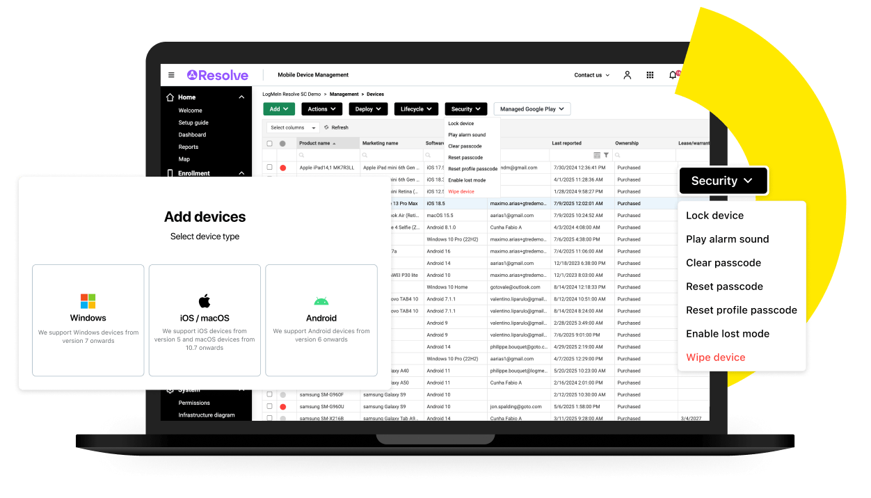 Desktop view of the LogMeIn Resolve MDM interface displaying device management and security options to protect business data on BYOD devices.