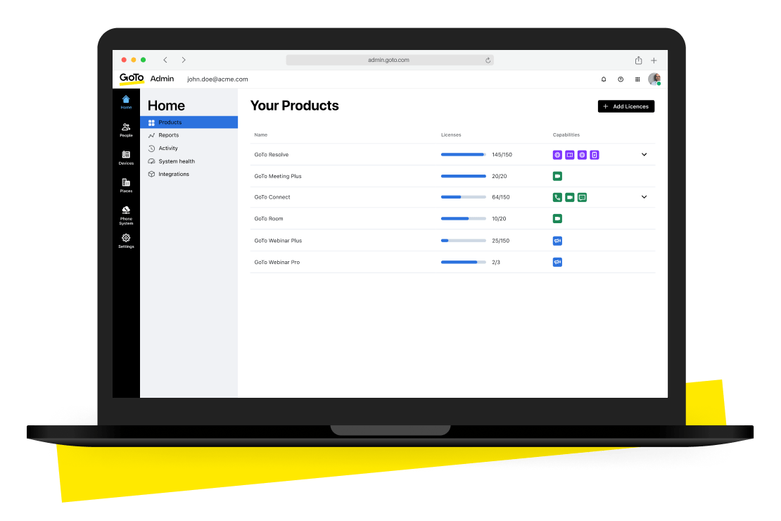 Use o console GoTo Admin para simplificar o gerenciamento de usuários, gerenciar o acesso de usuários, configurar a segurança das contas, configurar canais de suporte técnico e gerar relatórios.