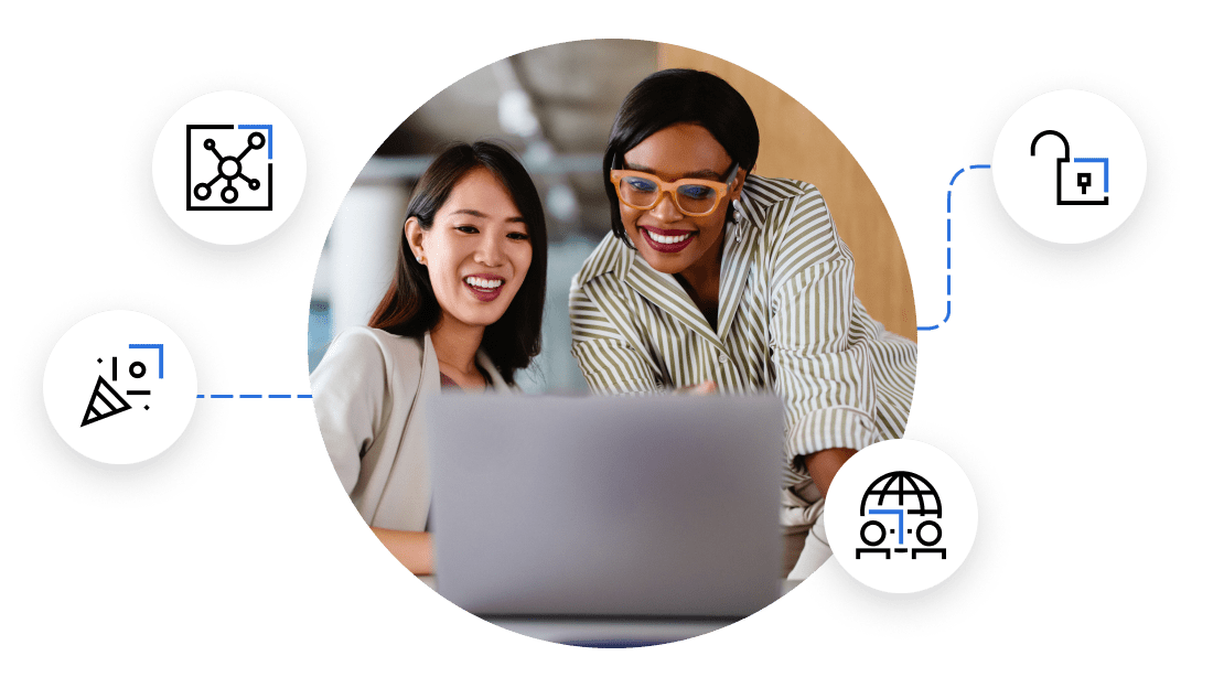 Two professionals collaborating on a laptop, with icons around them illustrating affiliate partner benefits such as network empowerment, competitive commissions, expert guidance, and exclusive opportunities.