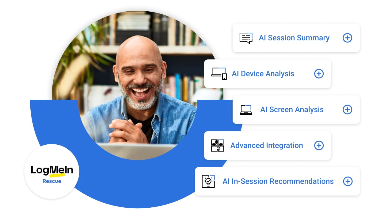 LogMeIn Rescue’s AI package includes: AI Session Summary, AI Device Analysis, AI Screen Analysis, AI In-Session Recommendations (coming soon), and Advanced Integrations with ServiceNow (coming soon).