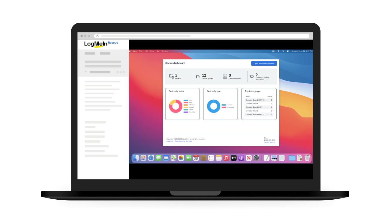 LogMeIn Rescue interface displayed on a laptop computer showcasing key benefits.