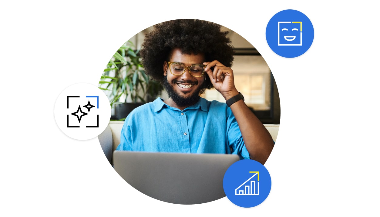 Support Technician working happily from home using LogMeIn Rescue’s AI package to drive real-team insights.