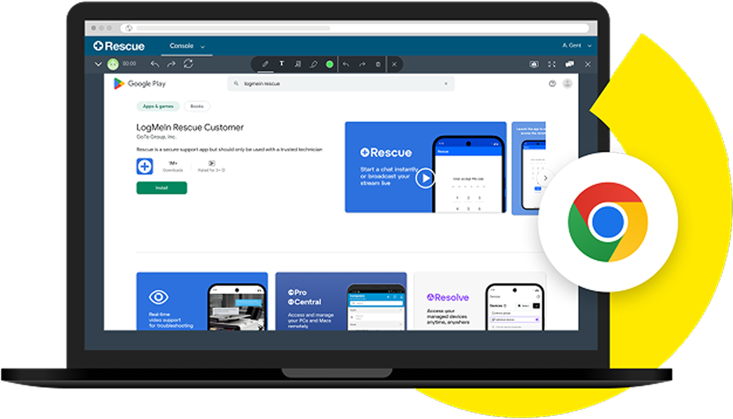 Laptop screen displaying LogMeIn Rescue remote desktop software interface for ChromeOS. The screen shows a Google Play search for LogMeIn Rescue, with installation details and app features.