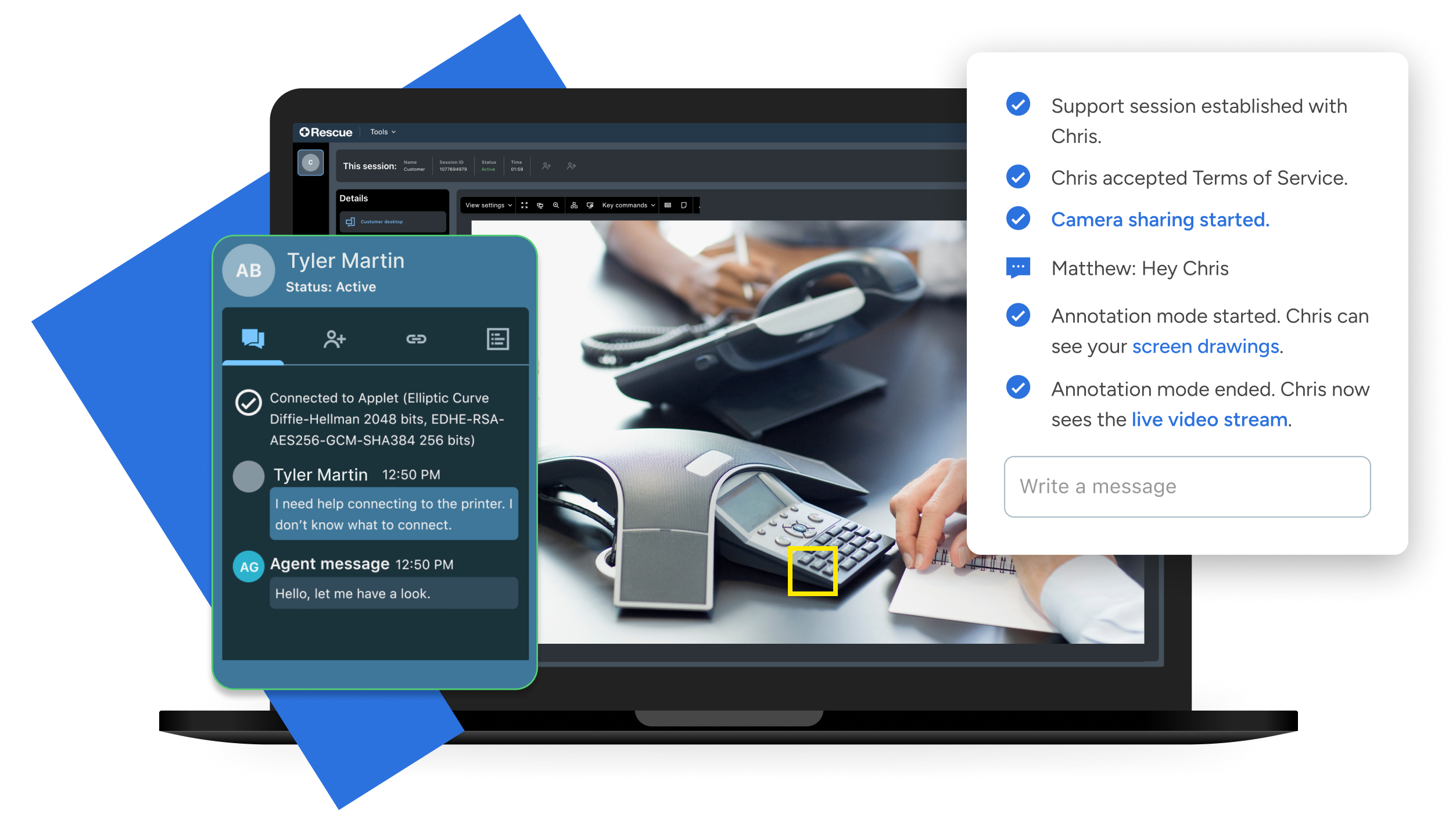 LogMeIn Rescue interface displaying a remote support session connecting a user's Android desktop, chat live with the user, and secure admin access.