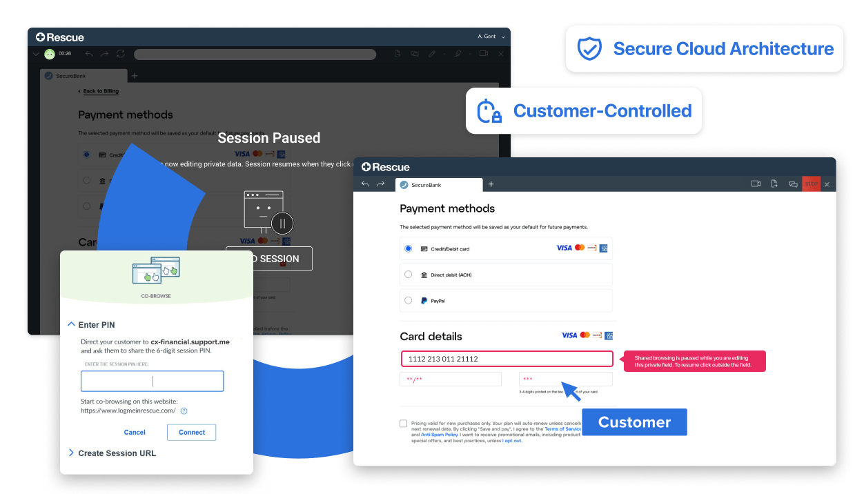 LogMeIn Rescue Administration Center dashboard showcasing Secure Cloud Architecture and Protect Every Interaction, emphasizing enhanced security and trusted protection.
