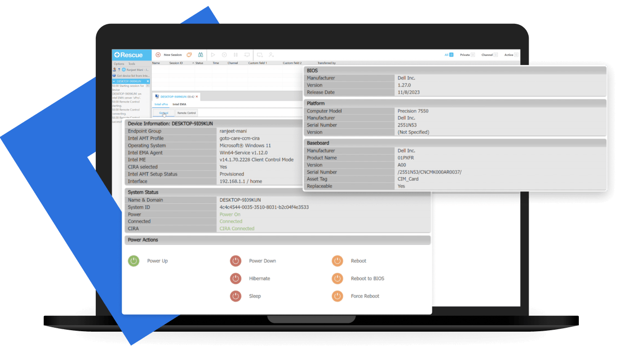LogMeIn Rescue allows technicians to troubleshoot and fix issues such as OS corruption, BitLocker encryption, device driver problems, blue screen errors, and remote support for powered-down devices directly from the console using Intel EMA and AMT technology.