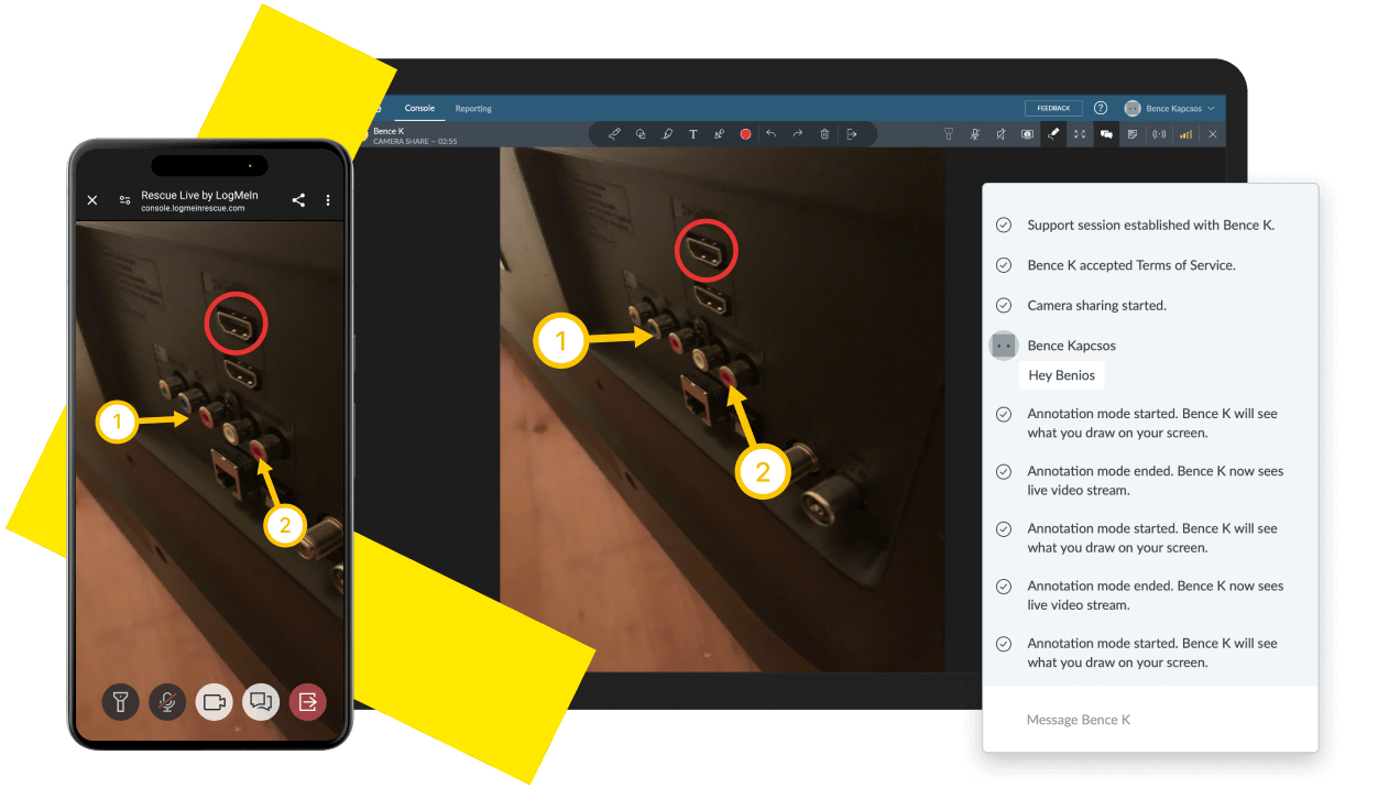 LogMeIn Rescue Live Lens interface showcasing live camera sharing via iPhone and iPad, with annotation tools for secure remote support.