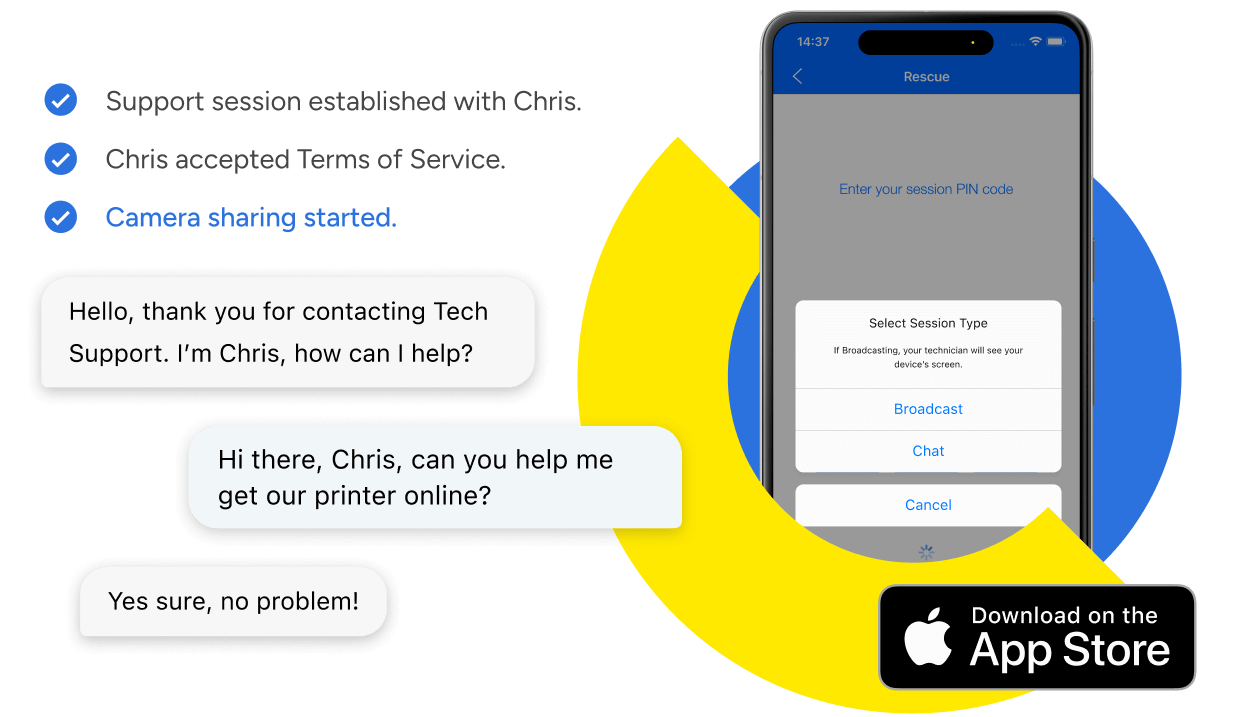 LogMeIn Rescue enables technicians to provide remote support on users' iOS devices through chat and screen broadcast.