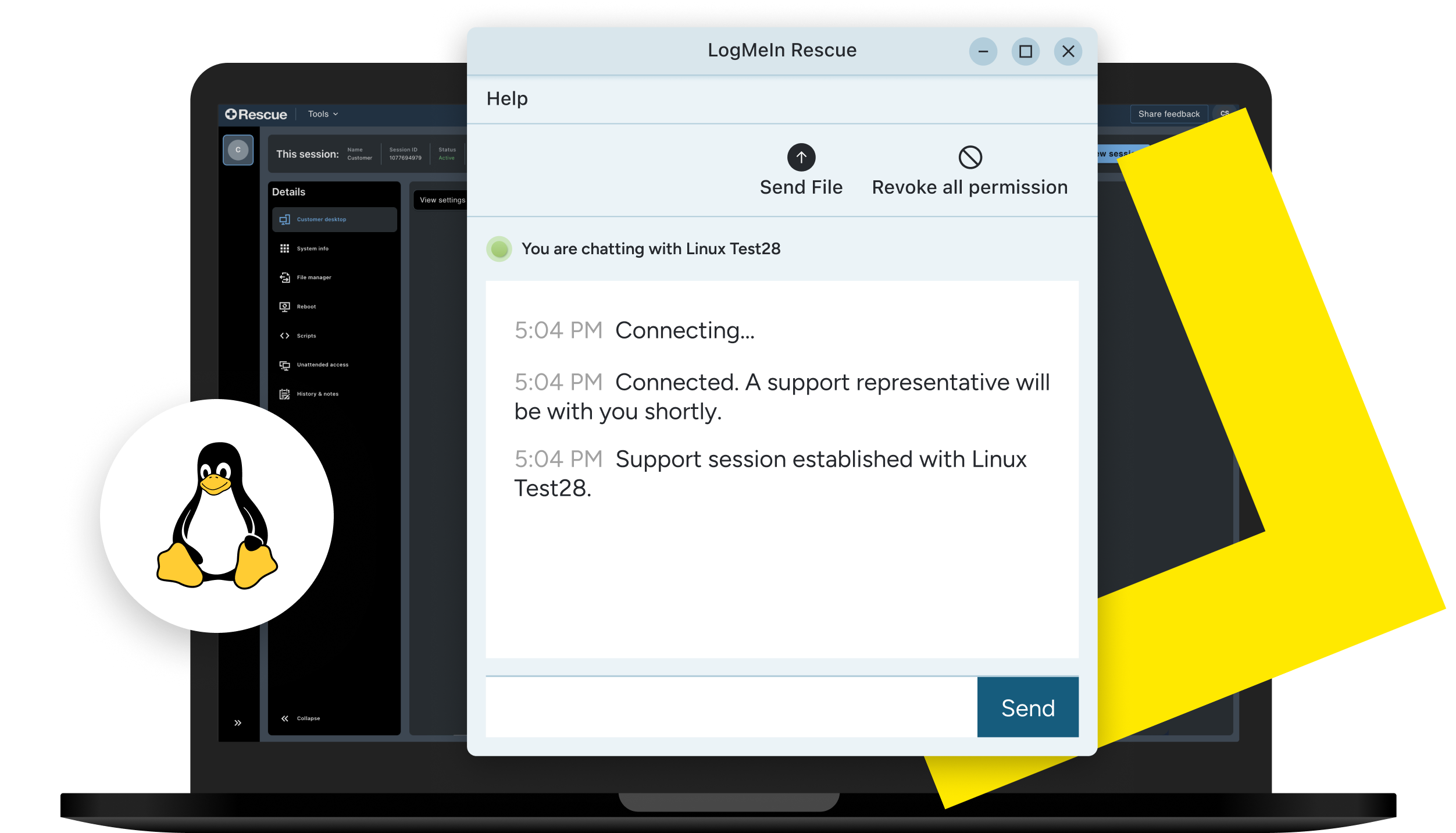 LogMeIn Rescue remote support interface displayed on a laptop, highlighting a live chat window for a Linux support session. 