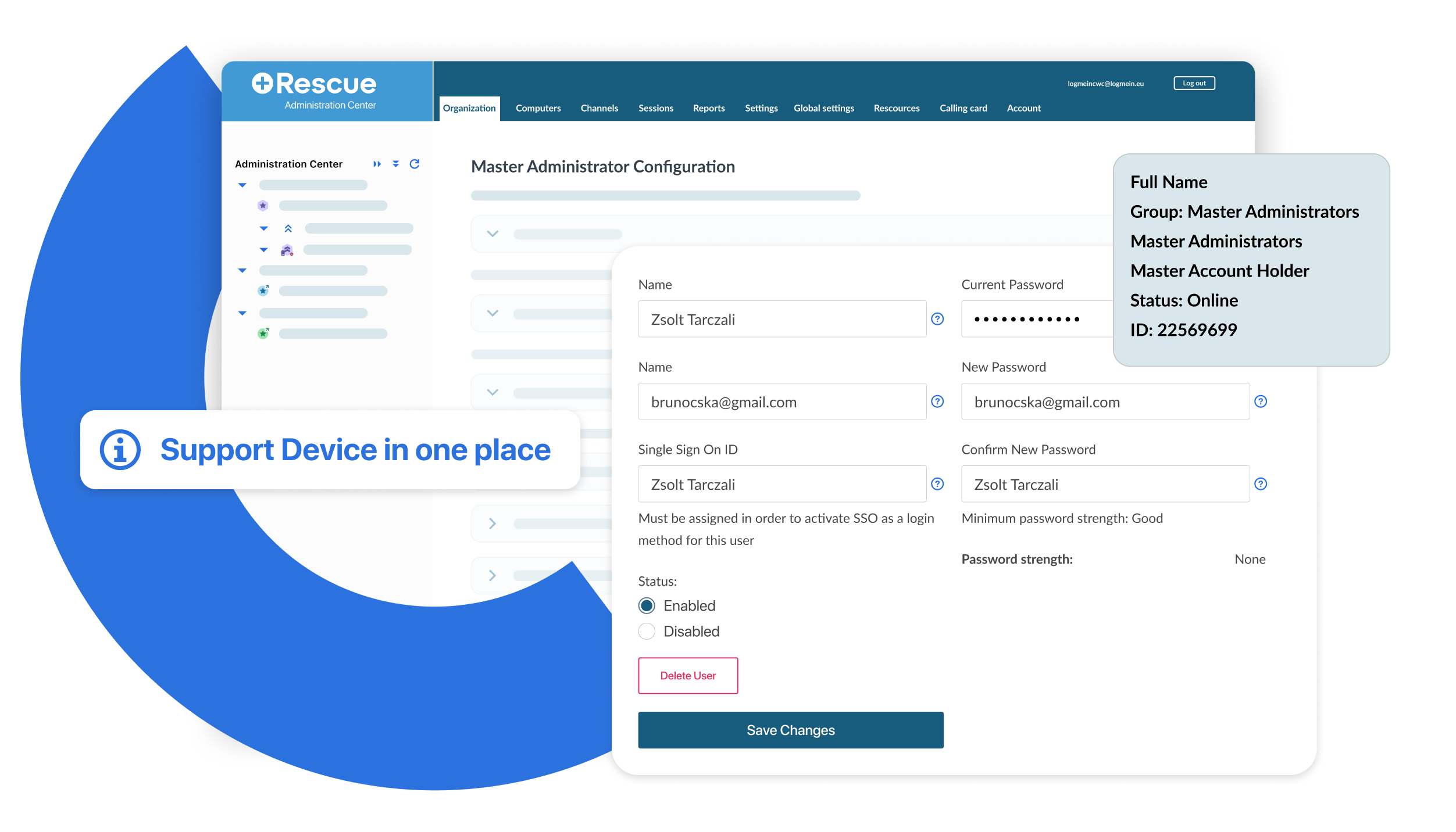 LogMeIn Rescue Administration Center interface displayed on a computer screen, showing master administrator configuration details.