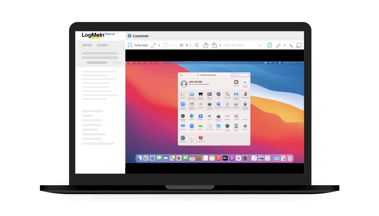LogMeIn Rescue interface displayed on a laptop computer showcasing key benefits.