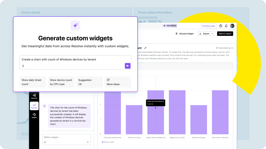 AI-powered LogMeIn Resolve generates custom widgets for insights reports and actionable solutions for issues.