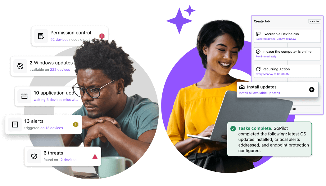Comparison of IT agent performing management tasks manually versus automated resolution with LogMeIn Resolve AI, highlighting faster task completion and updates.