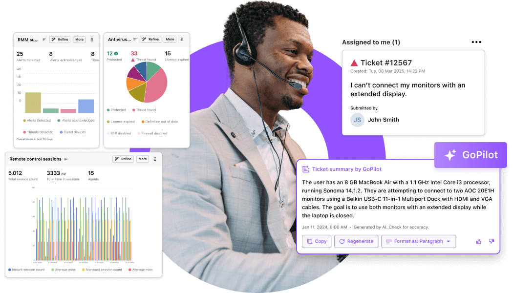 IT professional utilizes LogMeIn Resolve's AI features to manage support tickets, resolve issues, and generate actionable insights effectively.