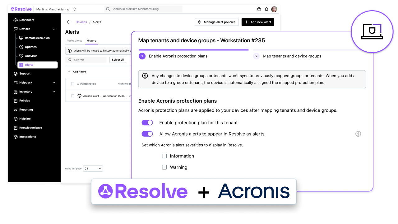 LogMeIn Resolve and Acronis integration for mapping tenants and device groups, with options to enable protection plans and show Acronis alerts in Resolve 