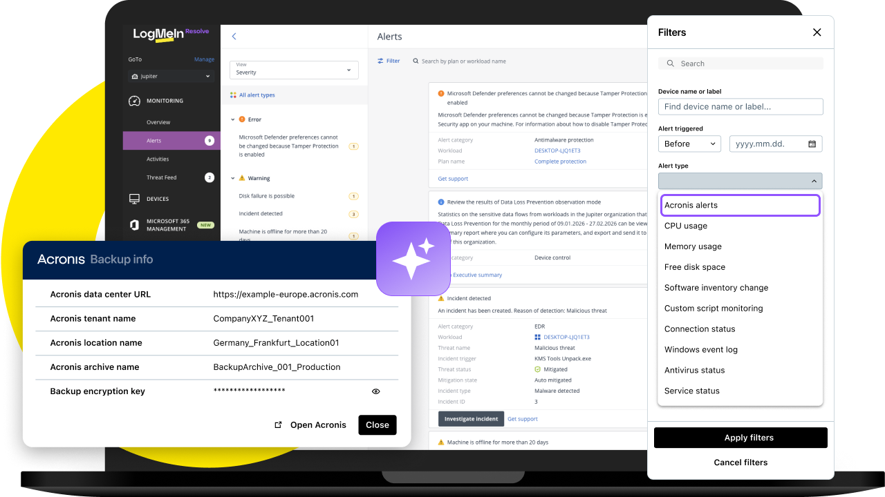 LogMeIn Resolve alerts list with an Acronis XDR malicious threat alert, trigger details and response actions, plus Acronis backup info