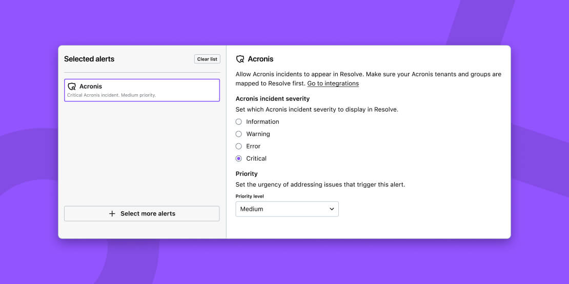 LogMeIn Resolve alert settings for Acronis incidents, with options to choose which incident severity appears and set the priority level