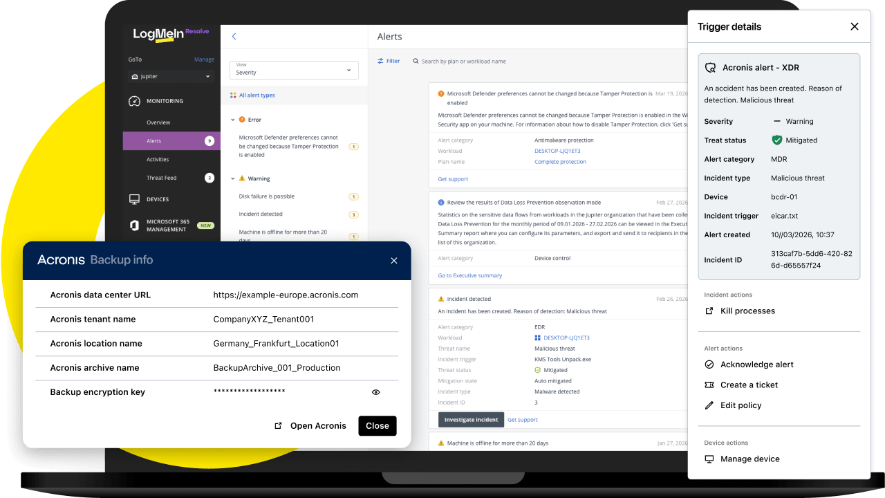 LogMeIn Resolve alerts list with an Acronis XDR malicious threat alert, trigger details and response actions, plus Acronis backup info