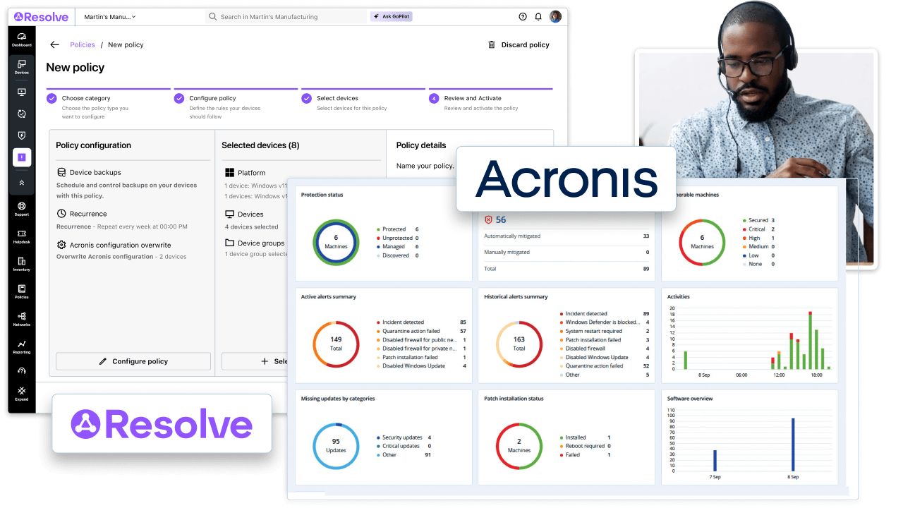 LogMeIn Resolve and Acronis MDR integration showing a security dashboard with protection status and alerts, monitored by an IT technician