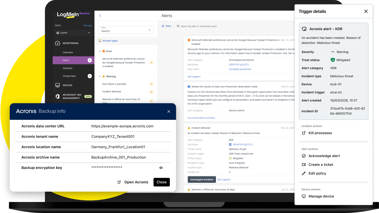LogMeIn Resolve alerts list with an Acronis XDR malicious threat alert, trigger details and response actions, plus Acronis backup info