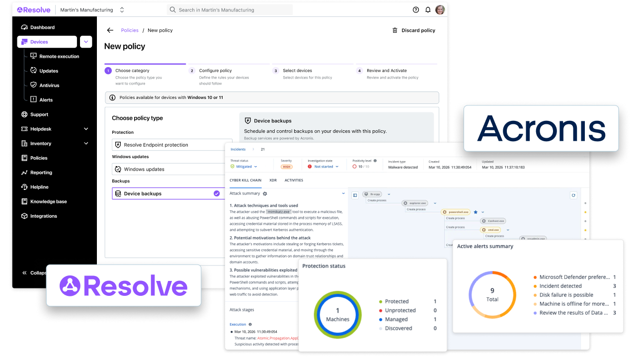 LogMeIn Resolve and Acronis integration showing a device backup policy, an incident attack summary and a protection status dashboard