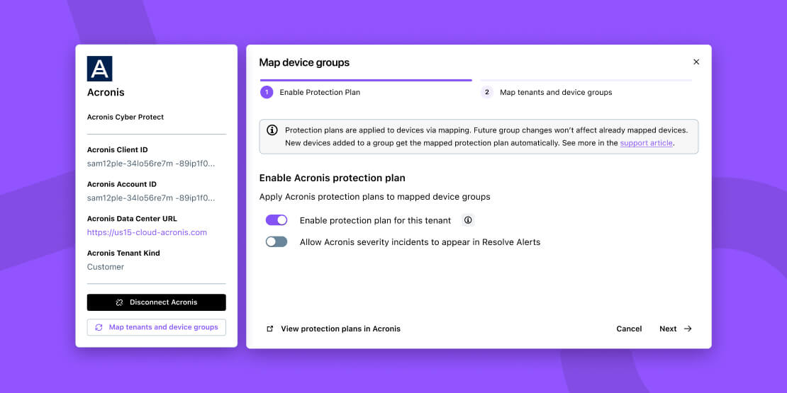 LogMeIn Resolve Acronis integration setup showing the Map device groups step with options to enable a protection plan and show Acronis incidents in Resolve alerts
