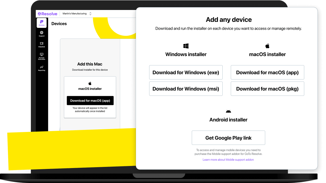 Screenshot of device onboarding dashboard displaying installer options for Windows, macOS, and Android devices.