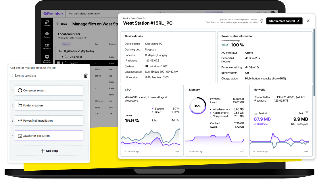 RMM dashboard for troubleshooting, displaying device details, automation steps, and file management.