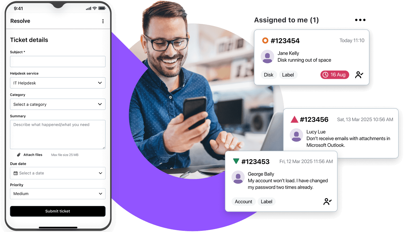 Screenshot of LogMeIn Resolve helpdesk showing ticket submission details on mobile.