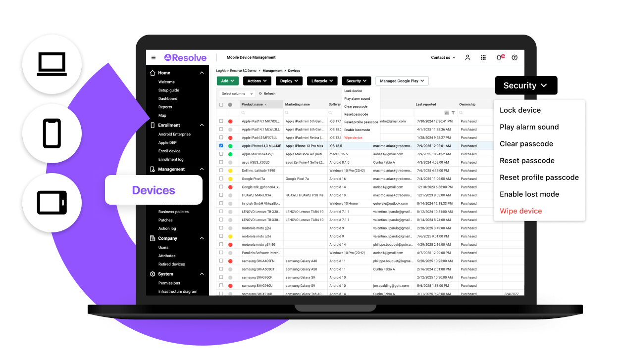 Desktop view of the LogMeIn Resolve MDM interface displaying device management and security options to protect business data on BYOD devices.