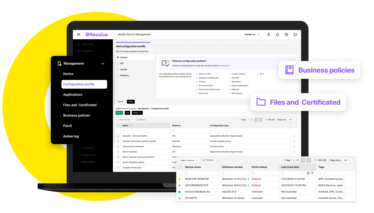 Desktop view of the LogMeIn Resolve MDM interface showing configuration profiles with business policies, file management, and certificate insights for remote device administration.