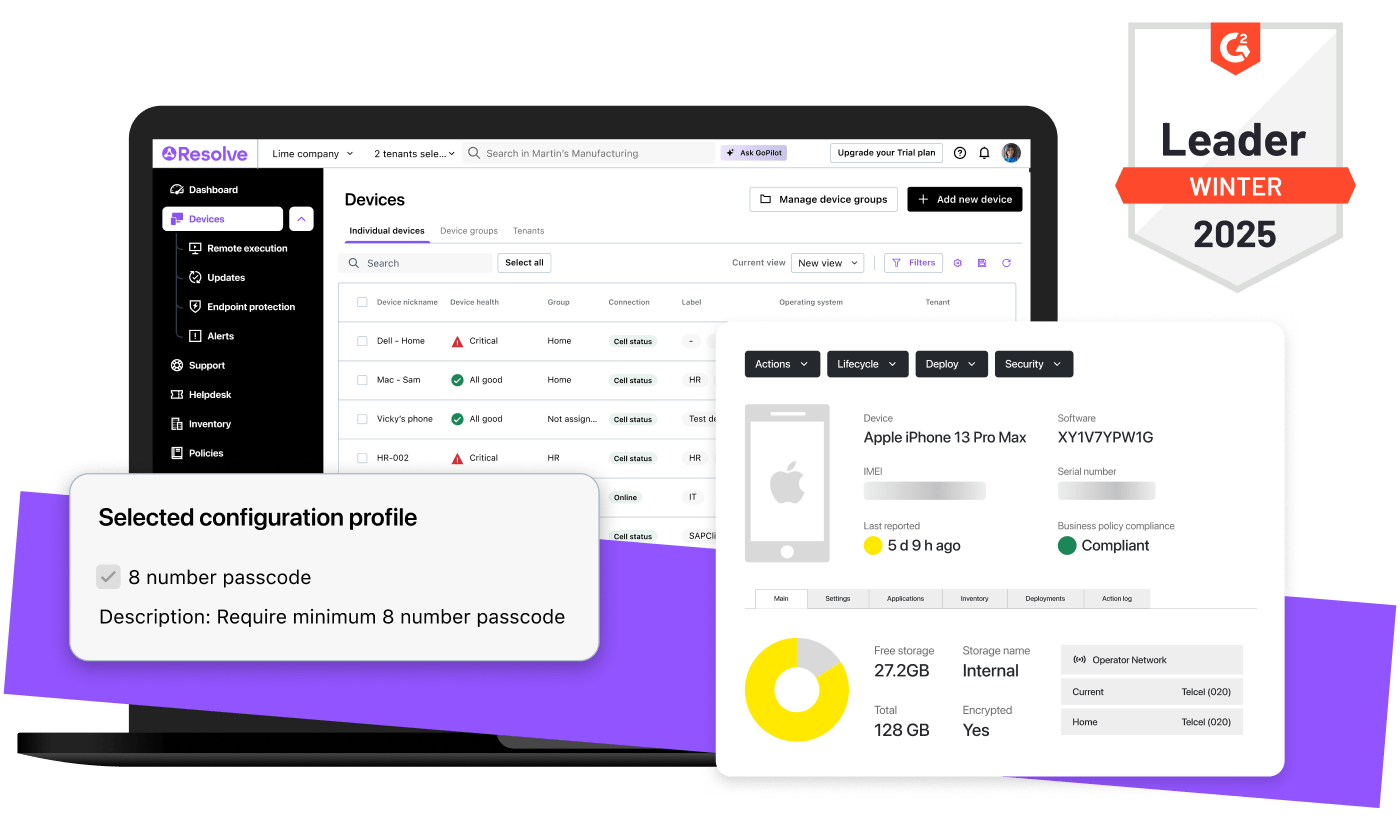 LogMeIn Resolve's MDM dashboard showcasing device management features, configuration profiles, device compliance details, and award recognition as the G2 Leader in Winter 2025.