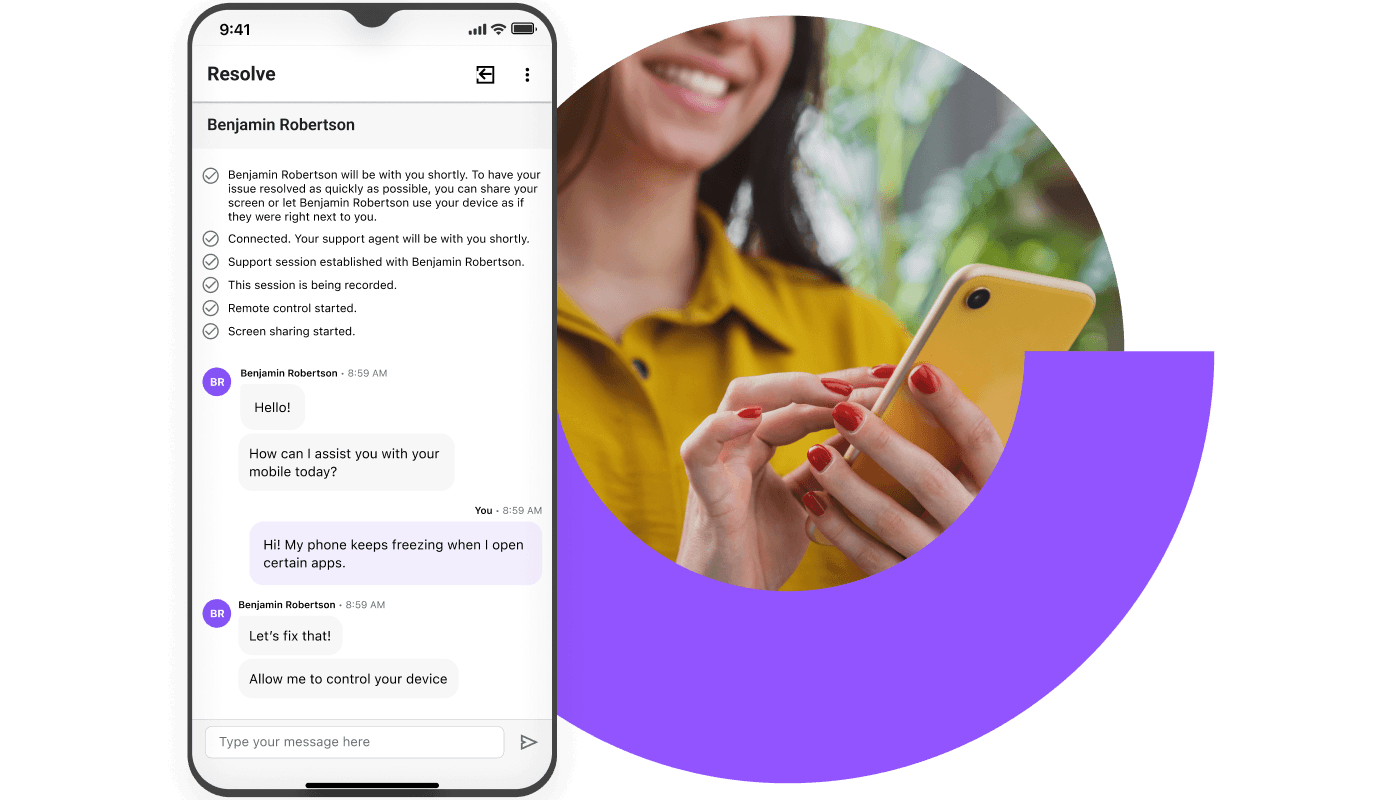 Mobile remote support session in LogMeIn Resolve app with IT agent assisting user via live chat.