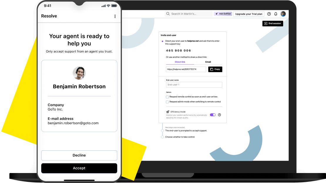 Mobile authentication screen in LogMeIn Resolve app showing agent details, alongside a laptop displaying a remote support session invitation.