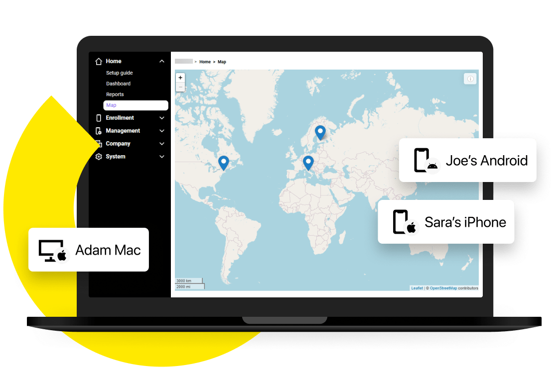Laptop screen showing an MDM dashboard with a map displaying the real-time locations of multiple managed devices, demonstrating GPS tracking and fleet management features.