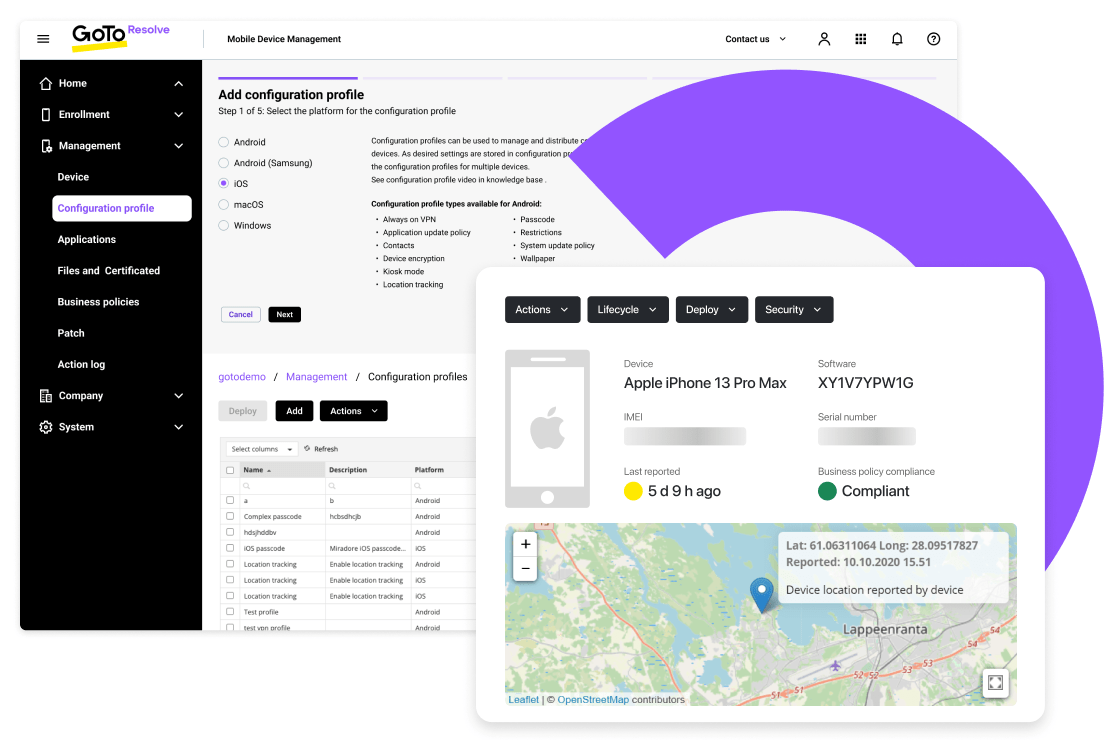 LogMeIn Resolve MDM dashboard showing a map with a device’s GPS location, recent location history, compliance status, and options for remote management.