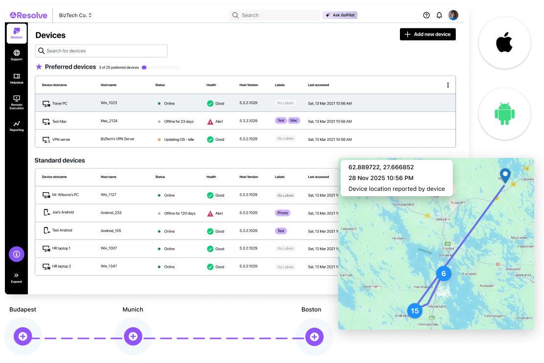 LogMeIn Resolve MDM dashboard showing a device list and an interactive map with accurate location tracking and up to three months of location history timestamps. 