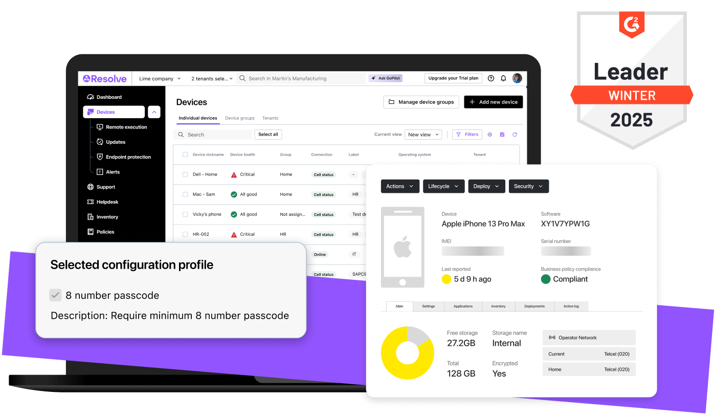 LogMeIn Resolve's MDM dashboard showcasing device management features, configuration profiles, device compliance details, and award recognition as the G2 Leader in Winter 2025.