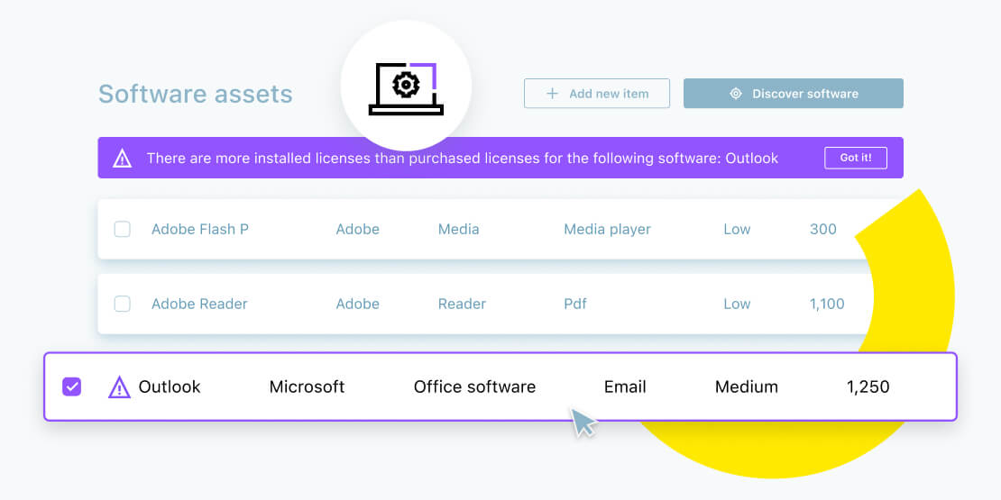 LogMeIn Resolve software assets list flagging an Outlook license compliance issue across installs.