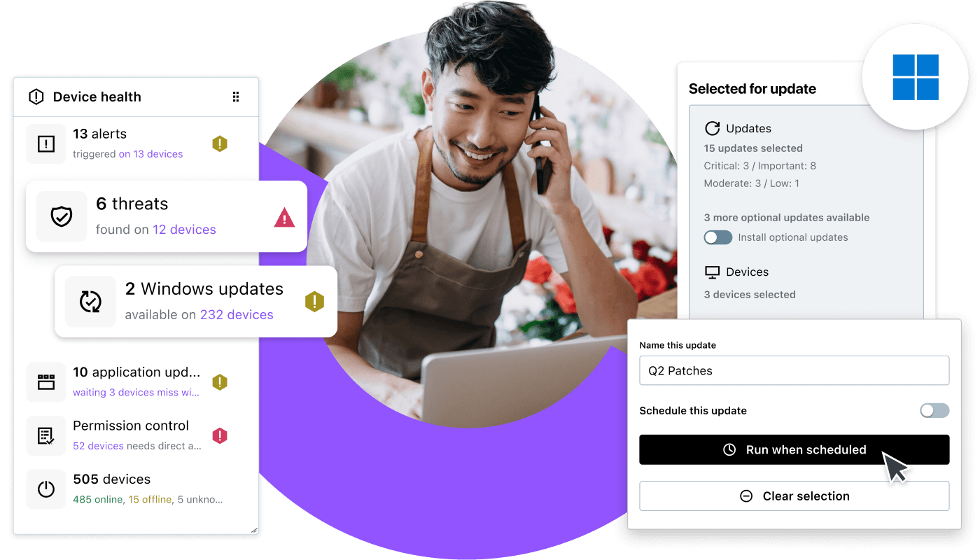 Florist business owner using LogMeIn Resolve for Windows endpoint management with device health alerts, threat detection, patch management, and scheduled updates.