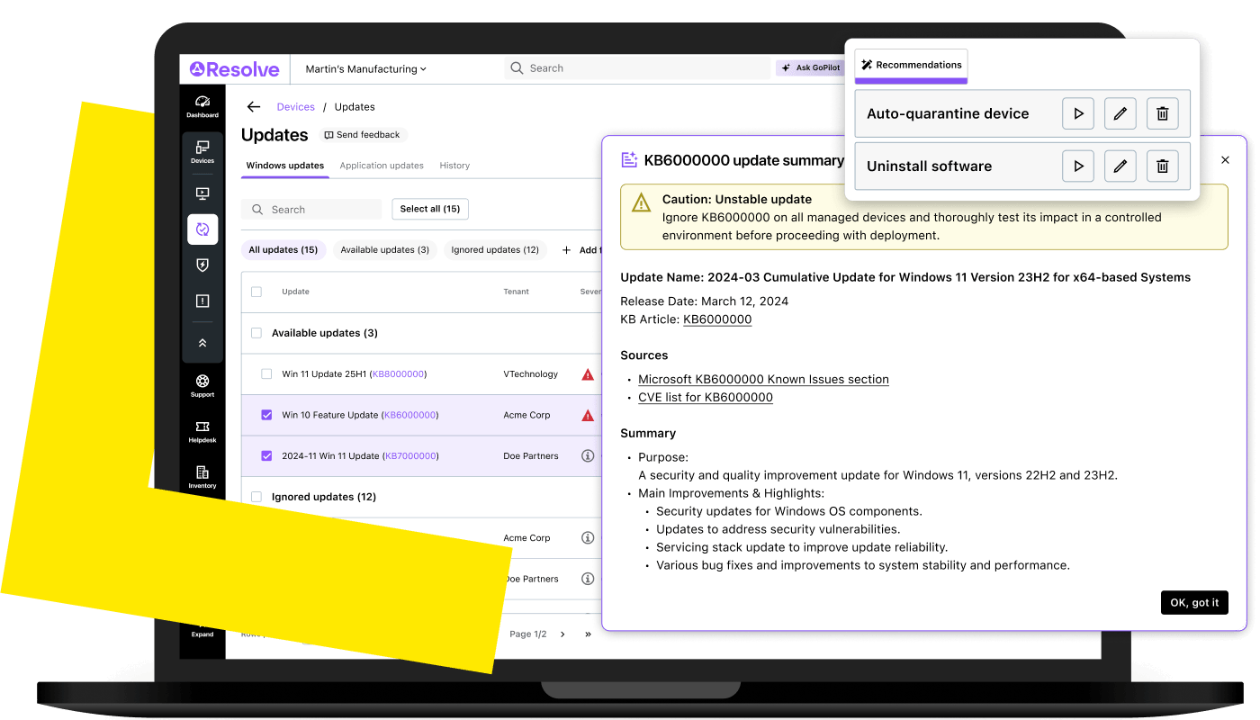 Device update interface with AI-generated Windows update summaries and recommended endpoint protection actions.
